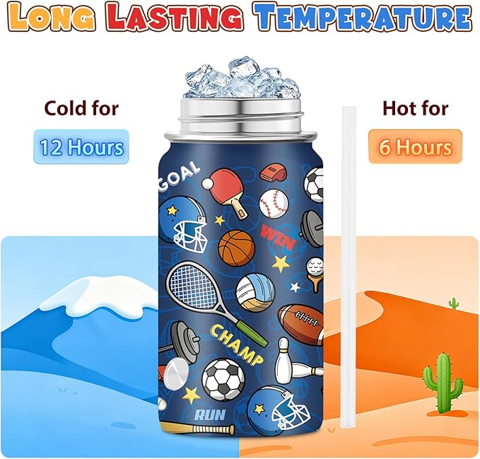 Sports Gifts for Men & Women - 12oz Water Bottle with Straw Lid, Stainless Steel Insulated Bottle, Leakproof, BPA-Free, for Her, School, Travel - Sport Lovers Birthday Gift Cup (1pc)
