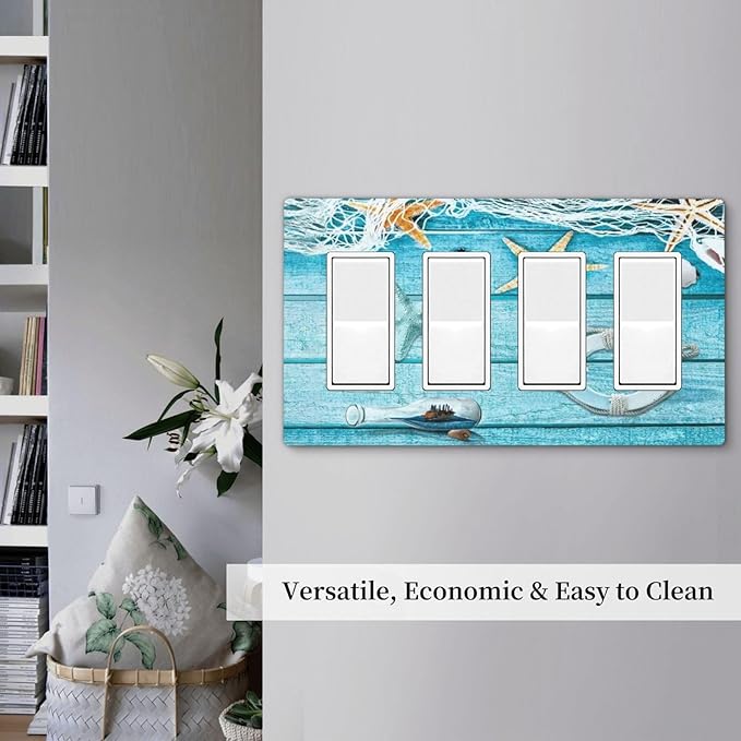 Turquoise Teal Fishing Net Wood Plank 4 Gang Quad Rocker Light Switch Cover Plate Decorative Electric Faceplate Switchplate Living Room Bedroom Decorate Jumbo Screwless