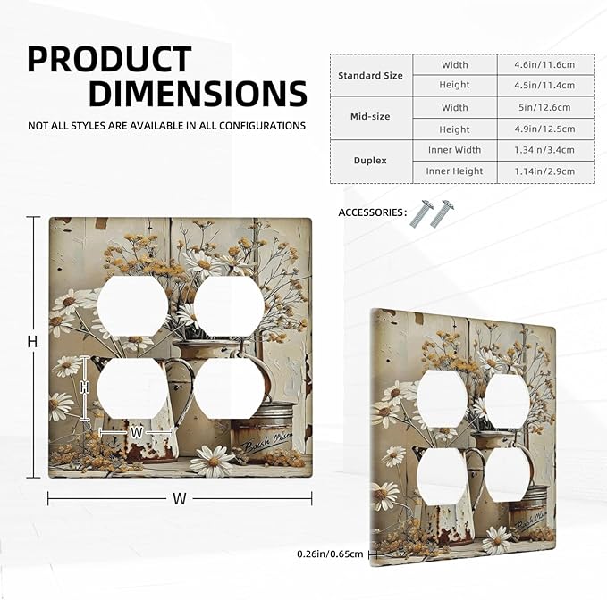 Rustic Flowers Daisy Floral White Wooden Planks Outlet Covers 2 Gang Double Duplex Decorative Light Switch Covers Electrical Wallplates Socket Faceplate for Farmhouse Home Decor