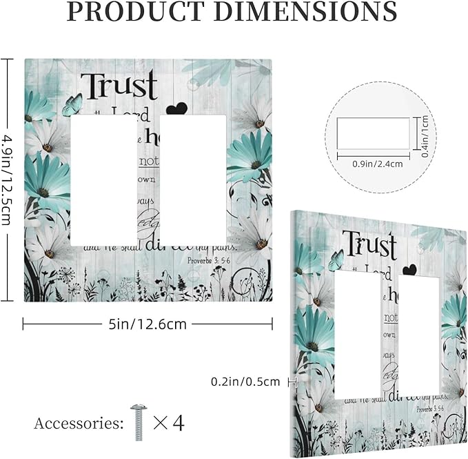 Rustic Teal Daisy Bible Verse Wooden Inspirational Quote Decorative Outlet Covers 2 Gang Double GFCI Rocker Electrical Wall Panels Light Switch Cover Plate for Bedroom Living Room Decor