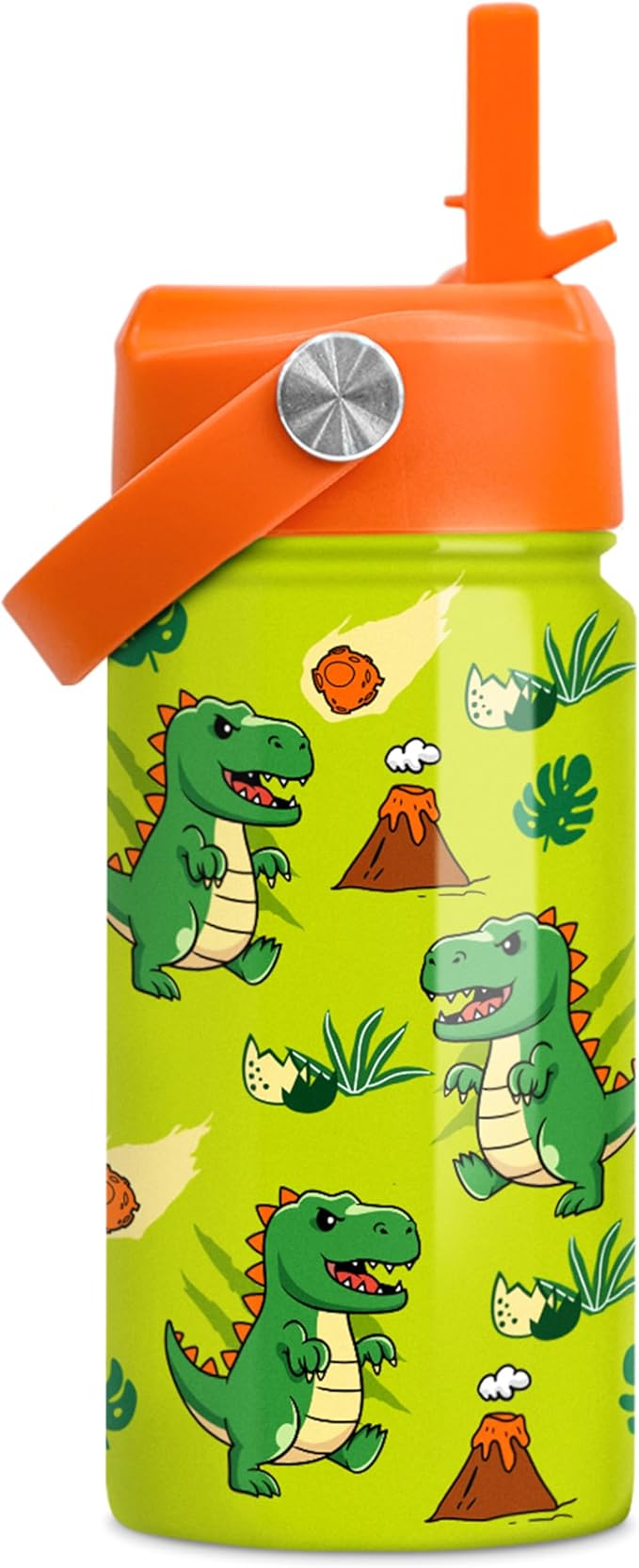 Dinosaur Water Bottle - Water Bottle with Straw Lid for Kids - 12 Oz Insulated Stainless Steel T-Rex Bottles for Kid Boys - Travel Cup for School Sports