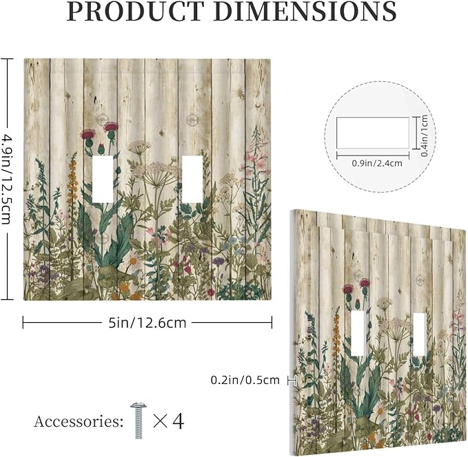 Vintage Wild Flowers Botanical Green Leaves Plants Double Toggle Light Switch Covers Decorative Rustic Wood Plank 2 Gang Wall Plate Dual Electrical Faceplate Switchplate for Farmhouse Bathroom