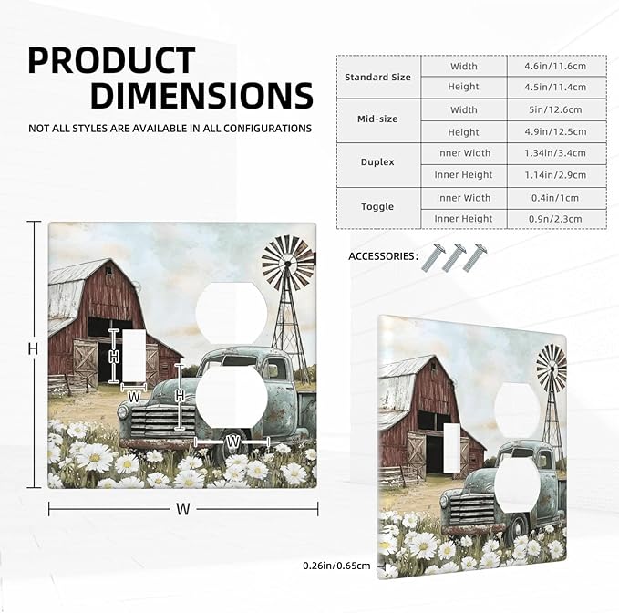 Retro Trucks Old Barn Windmill Teal Car Rustic Wallplates 1 Toggle 1 Duplex Switch Plate Electrical GFCI Faceplate Decorative Light Switch Covers for Farmhouse Home Decor