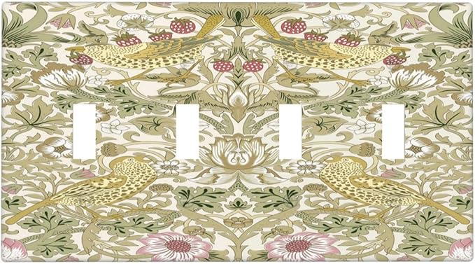 William Morris Vintage Strawberry Bird Botanical Light Switch Covers Quad Toggle Electrical Faceplate 4 Gang Wall Plate Decorative Switch Plates Cover for Farmhouse Home Decor