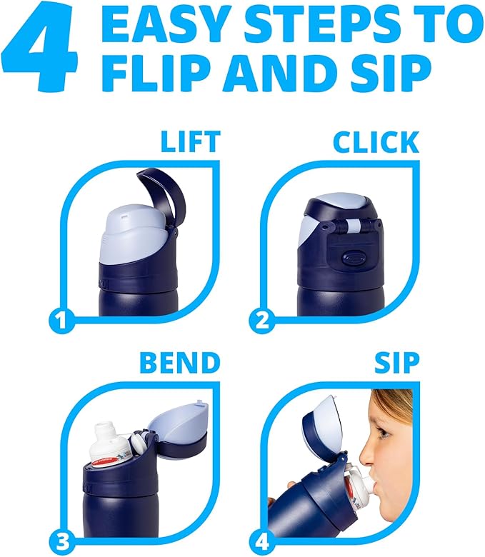 Cirkul 16oz Midnight Blue StrawSip Flip Stainless Steel Water Bottle - Double Walled Vacuum Insulated Bottle For Kids and Teens with Flavor Cartridge Included, No Sugar, Zero Calories (Caffeine Free)