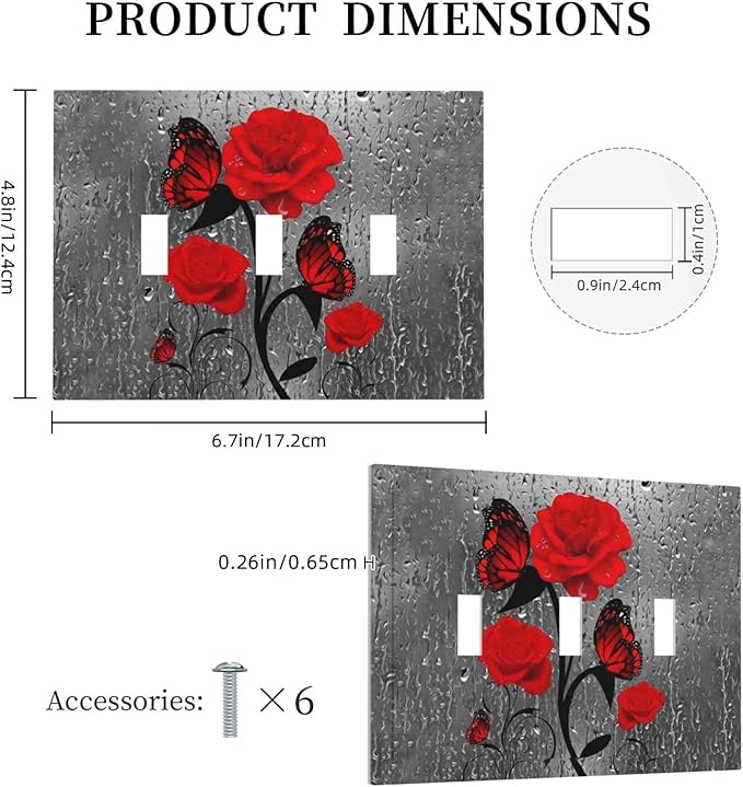 Butterfly Red Rose Flower 3 Gang Triple Toggle Light Switch Wall Plate Cover Decorative Electrical Faceplate For Girls Bathroom Home Living Room Decorate 6.7" x 4.8