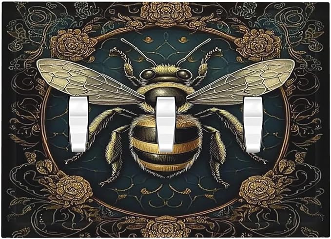 Decorative Switch Plates Mid Century Bee Dark Floral 3 Gang Wall Plate Triple Toggle Light Switch Cover Faceplate Electrical Wall Panels For Home Office Decor
