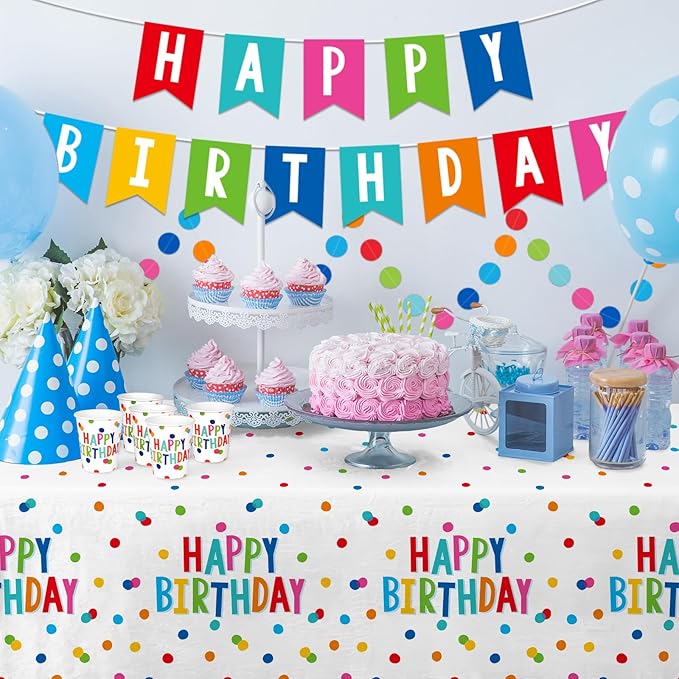 Happy Birthday Decorations: Happy Birthday Party Supplies Set with Birthday Dots Design- Includes Disposable Paper Birthday Plates and Napkins, Cups, Tablecloth, and Banner for decorations, Serves 25.