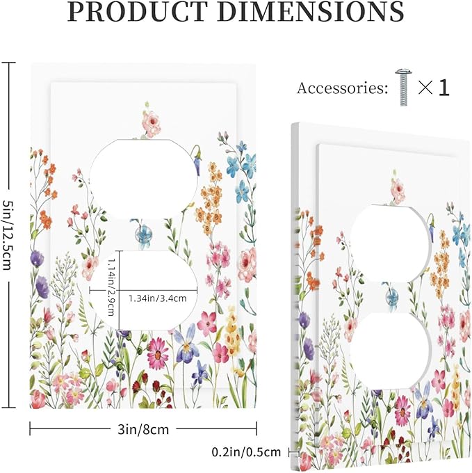 Boho Watercolor Wildflowers Floral Plants Flower Outlet Covers 1 Gang Duplex Light Switch Cover Decorative Switch Plates Electrical Receptacle Faceplate Wall Plate for Bedroom Living Room Decor