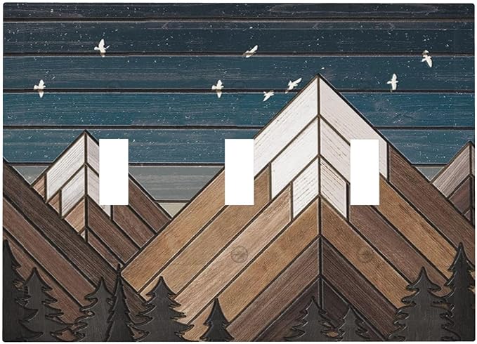Rustic Geometric Mountain Wilderness Wood 3 Gang Light Switch Cover Triple Toggle Wall Plates Decorator Receptacle Outlet Covers Electrical Switchplate Faceplate for Bedroom Bathroom Kitchen Decor