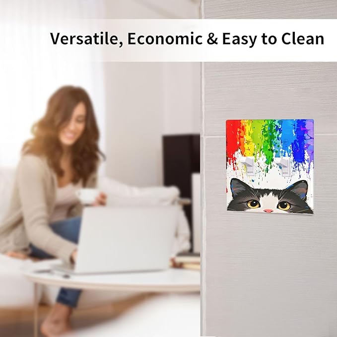 Cat Rainbow Double Toggle Wall Plate Decorative 2 Gang Light Switch Covers Electrical Switchplate Home Decorate Faceplat for Bathroom Bedroom Kitchen Room 4.5 x 4.5 Inch