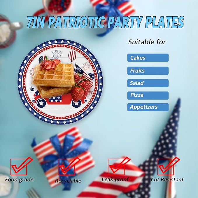 72 Pcs Patriotic Paper Plates American Flag Party Dessert Plates Napkins Forks Tableware Set Disposable Party Decoration Supplies for Labor Day 4th of July Independence Day Election Day, Serve 24