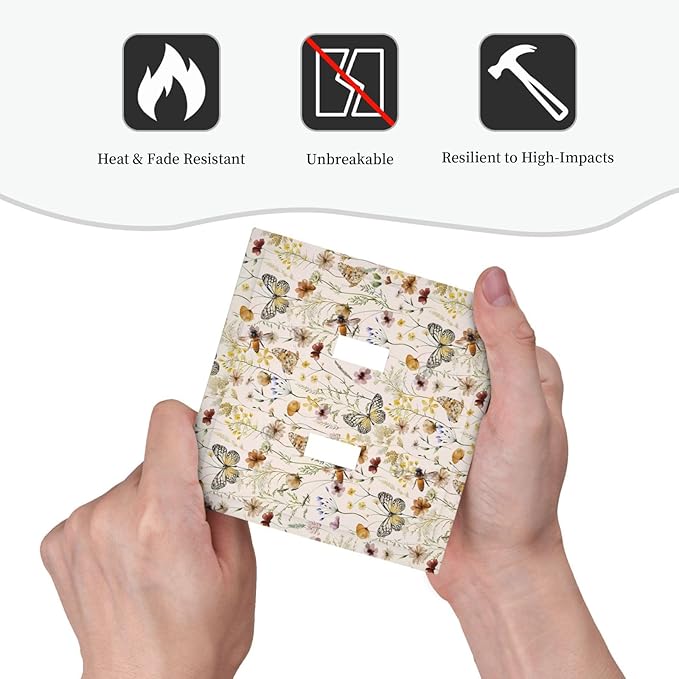 Vintage Butterflies 2 Gang Double Toggle Wall Plates Colorful Wildflower Light Switch Cover Decorative Cute Bees Electrical Switchplate Faceplate Beige Flower Leaves Dimmer Decor for Bedroom Kidroom