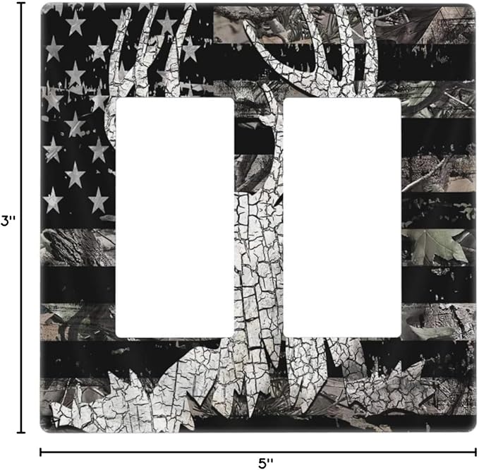 Rustic Hunting Forest Camo American Flag Deer Elk Moose Antlers Wildlife 2 Gang Electrical Decora/GFCI Device Wallplate Double Decorator Rocker Outlet Light Switch Cover Electrical Faceplate Dimmer
