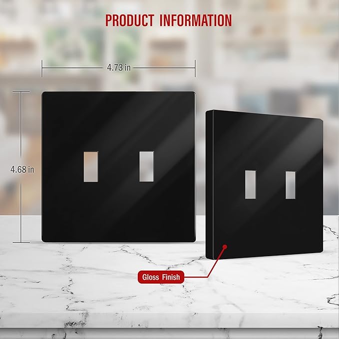 ENERLITES Screwless Double Toggle Switch Wall Plate, Child Safe Dual Light Switch Cover, Standard Size 2-Gang 4.68" x 4.73", Unbreakable Polycarbonate Thermoplastic, UL Listed, SI8812-BK, Glossy Black