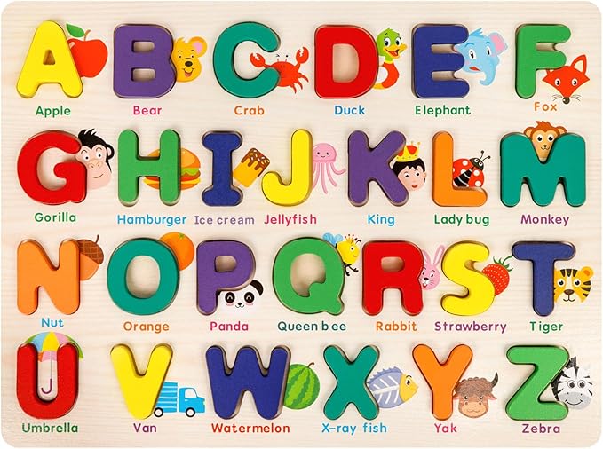 Alphabet Puzzle Wooden Puzzles for Toddlers, ABC Shape Learning Toddler Toys with Board & Letter Blocks, Preschool Educational Toys for Girls Boys, Pattern Alphabet