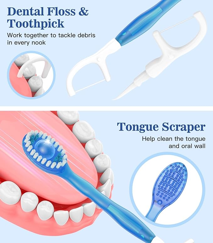 72 Pack 5 in 1 Disposable Mini Toothbrushes with Toothpaste, Floss, Pick & Tongue Scraper, Individually Wrapped, Portable Toothbrush Travel Set for Kids Adults, Mint Flavor