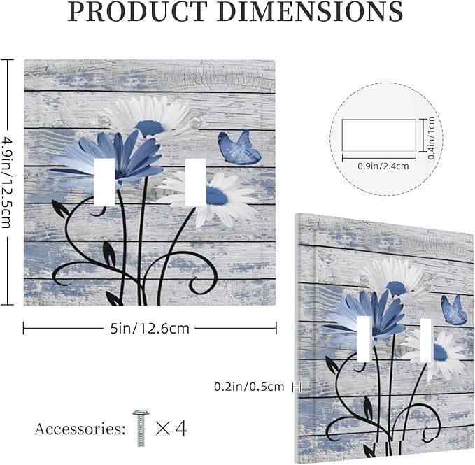 Blue White Daisy Flower Butterfly Rustic Wood Board Decorative Switch Plates 2 Gang Double Toggle Outlet Light Switch Cover Wall Plate Electrical Faceplate for Farmhouse Bedroom Decor