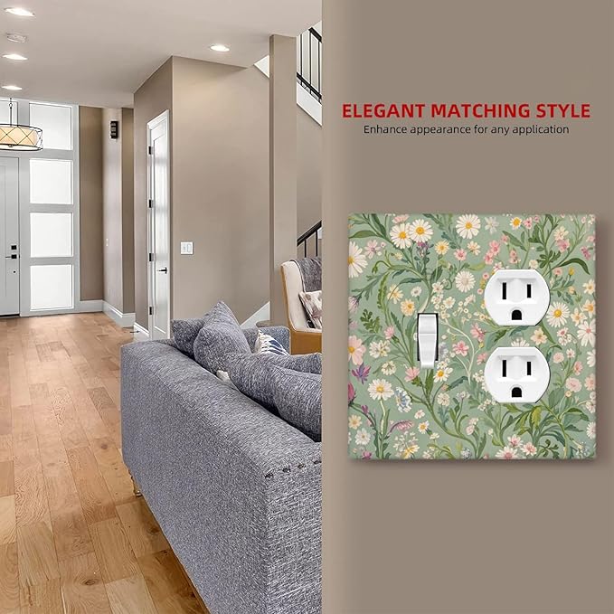 Decorative Switch Cover Plate with Vintage Wildflowers & Daisies on Light Green Background Design Toggle Duplex Wall Plate 2 Gang Light Switch Cover Outlet Covers