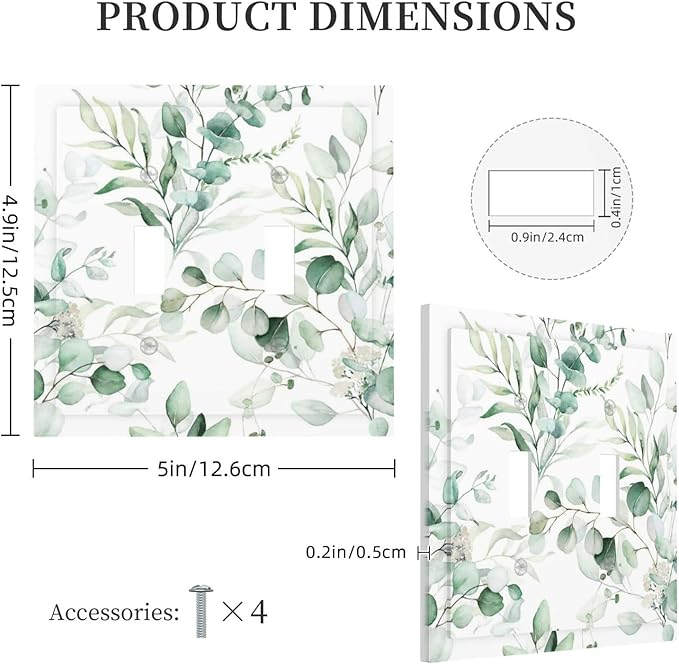 Boho Green Eucalyptus Leaf Floral Plants Flowers Decorative Switch Plates 2 Gang Double Toggle Outlet Light Switch Cover Wall Plate Electrical Faceplate for Bed Room Living Room Decor