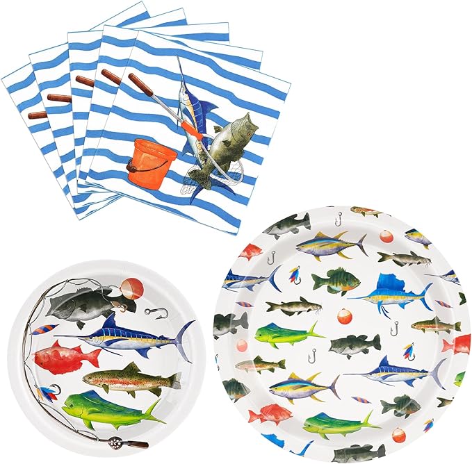 WERNNSAI Fishing Party Decorations - 48PCS Tropical Fish Birthday Party Decorations Fishing Plates Napkins Tablmeware Set for Boys Baby Shower Fisherman Birthday Party Decor Serves 16 Guests