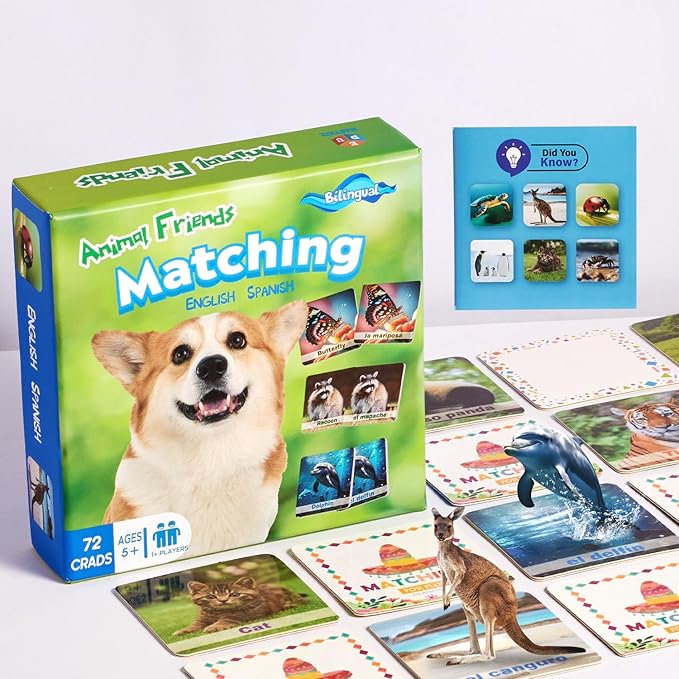 72 (36 Pairs) Spanish English Bilingual Animal Memory Matching Game with Reusable Custiomizable Cards,Instruction Language Learning Games for ESL and Language Immersion for Teens.
