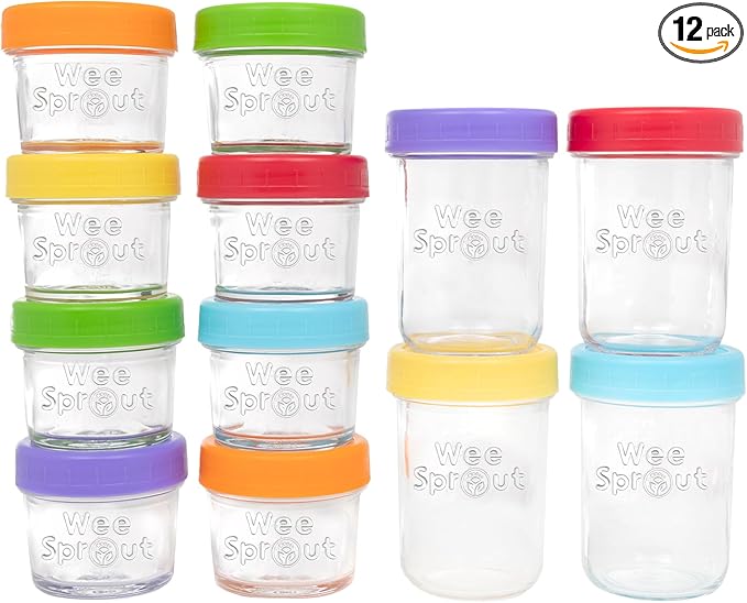 WeeSprout Glass Baby Food Storage Jars - 12 Set, 4 oz/8 oz Baby Food Jars, Plastic Lids, Freezer Storage, Reusable Small Glass Baby Food Containers, Microwave & Dishwasher Safe, for Infant & Baby Food