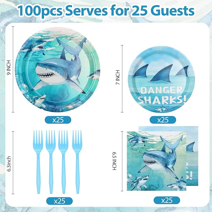 100Pcs Shark Birthday Party Plates and Napkins Supplies - 9" & 7" Paper Plates Napkins Forks - for Under The Sea Ocean Animal Theme Party Decorations,Serves 25