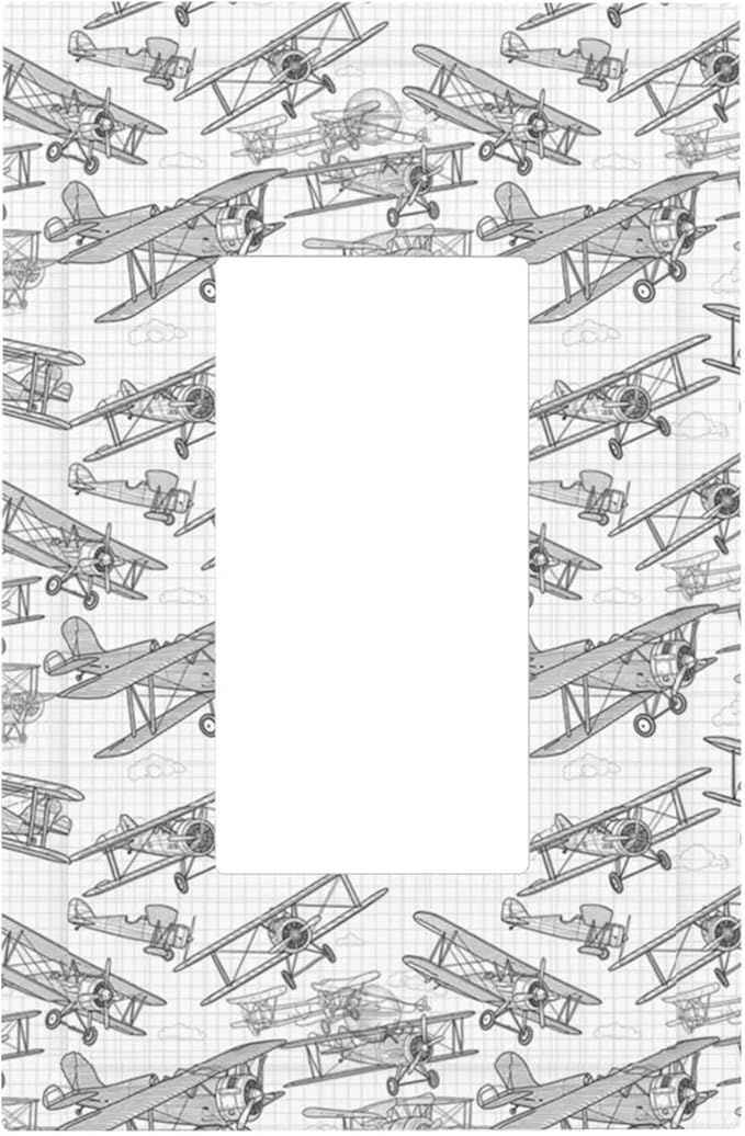 Vintage Biplane Single Rocker Switch Cover - 1-Gang Standard US Size Aviation Blueprint Grid Light Switch Covers, Retro Pilot Dream for Boys Room