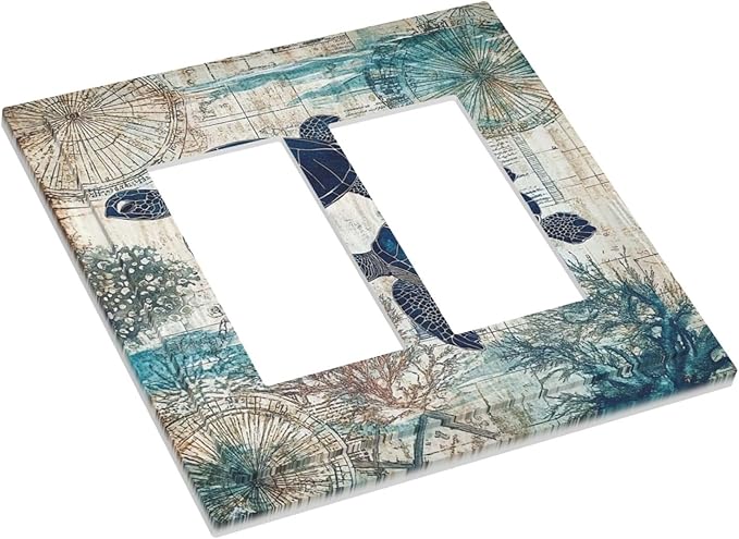 Blue Green Sea Turtle Tropical Ocean Coral Nautical Map Decorative Outlet Covers 2 Gang Double Gfci Rocker Electrical Wall Panels Light Switch Cover Plate For Bed Room Bathroom Decor