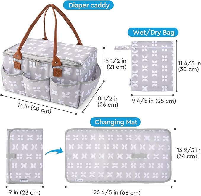 Moteph Diaper Caddy with Changing Mat, Large Baby Diaper Caddy Organizer with Lid, Portable Organizer Basket for Baby Essentials, Roll-Up Lid, Built-In Changing Mat Pocket