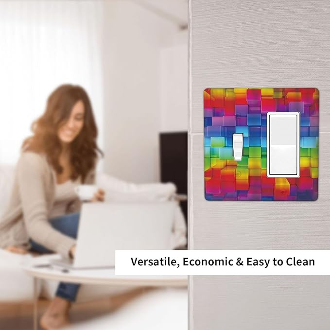 3D Colorful Rainbow Wall Abstract Squre Shaped 2 Gang Single Toggle Rocker Combination Light Switch Cover Unique Decorative Wall Plate Cover Electrical Faceplate Switchplate for Bedroom Decor