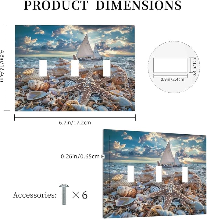Light Switch Cover Plate Summer Sea Beach Starfish Seashell Sailboat 3 Gang Switch Plate Covers Triple Toggle Decorative Wall Plates Electrical Faceplate for Bathroom Home Decor