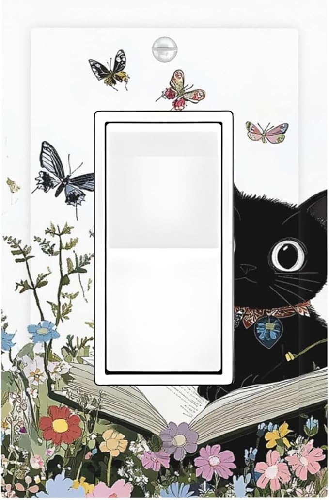 Decorative Outlet Covers Cute Cat Wildflowers Boho Flowers Floral 1 Gang Single Rocker Light Switch Cover Plate Wall Plates Gfci Faceplate For Nursery Kids Room Decor
