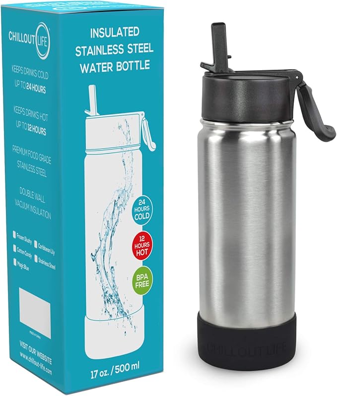CHILLOUT LIFE 17 oz Kids Insulated Water Bottle for School with Straw Lid Leakproof and Cute Waterproof Stickers, Personalized Stainless Steel Thermos Flask Metal Water Bottle, Dishwasher Safe Color