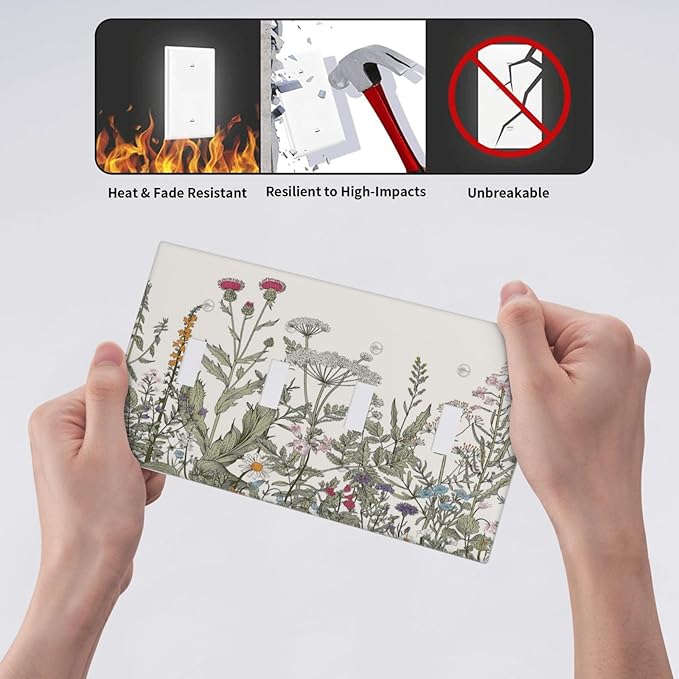 Vintage Colorful Wild Flower Floral 4 Gang Quad Toggle Device Light Switch Cover Decorative Wall Plate Decorative Electrical Faceplate Outlet Cover