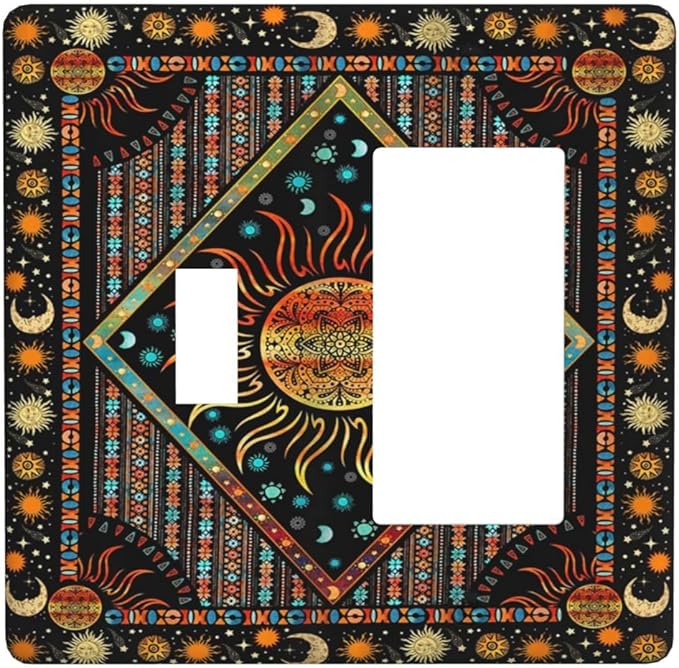 Light Switch Cover Boho Burning Sun Hippie Retro Bohemian Gypsy 2 Gang Toggle Rocker Combo Wall Plates Decorative Switch Plates and Outlet Covers Receptacle Cover for Bathroom Home Decor