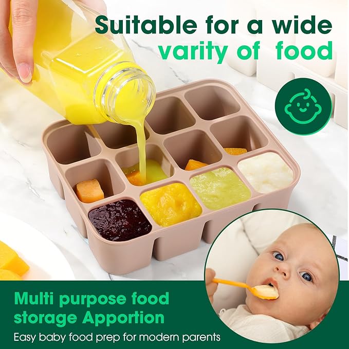 Mimorou 3 Pack Baby Food Freezer Tray with Lids 2.8 oz x 12 Cups Silicone Baby Food Storage Container Ice Cube Freezer Molds for Homemade Vegetable Fruit Purees Snack(12 Cups,White, Yellow, Brown)