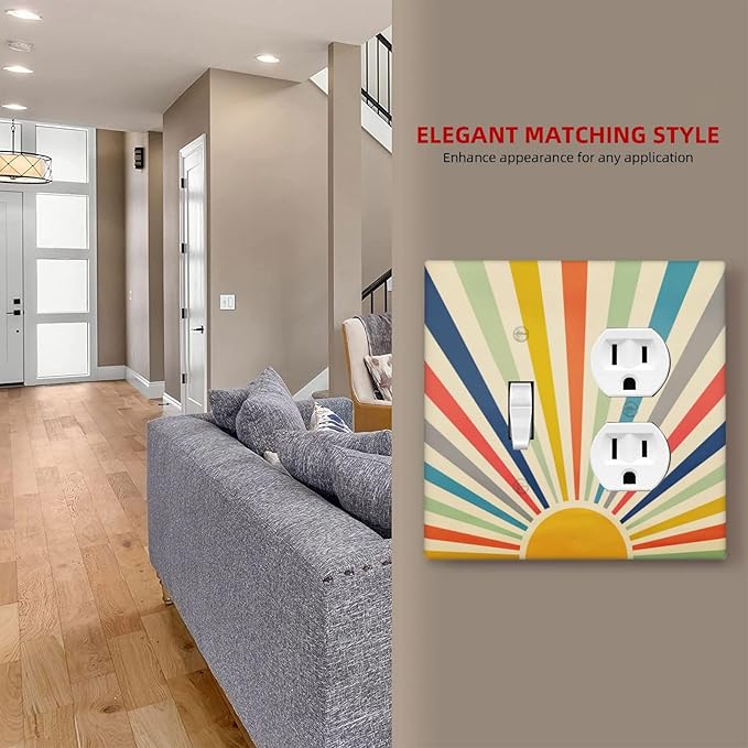 2-Gang 1-Toggle 1-Duplex Combination Wall Plate 1970s Hippie Bohemian Art Mid Century Boho Abstract Sun Sunrise Sunset Two Combo Double Device Toggle/Outlet Receptacle Light Switch Face Plate Cover