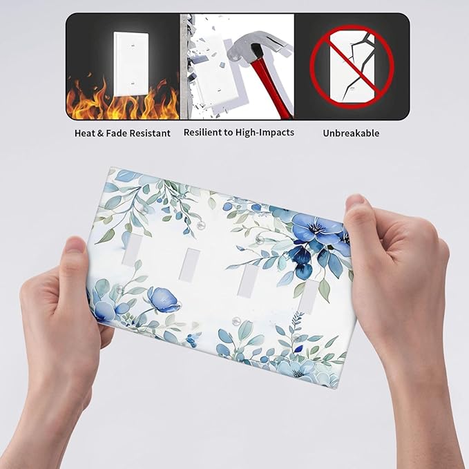 Watercolor Blue Flower Plant Floral Green Leaves Light Switch Covers Quad Toggle Electrical Faceplate 4 Gang Wall Plate Decorative Switch Plates for Bedroom Living Room Decor