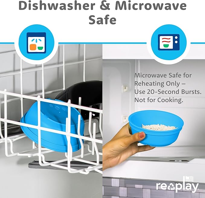 Re-Play 3 Divided Toddler Plates, 3 Utensils Set and 3 Wide Base Bowls - Dishwasher and Microwave Safe - Made in USA - Bluesy