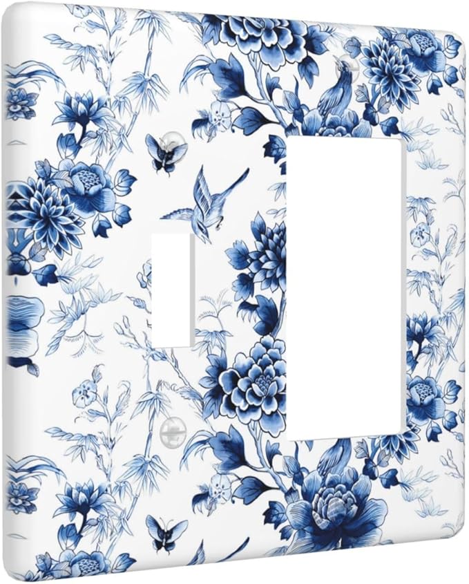 Blue Flower White Floral Plant Bird Butterfly Outlet Covers 1 Toggle 1 Rocker Combination Decorative Wall Plate Electrical Switch Plates Light Switch Cover Plate for Bedroom Living Room Decor