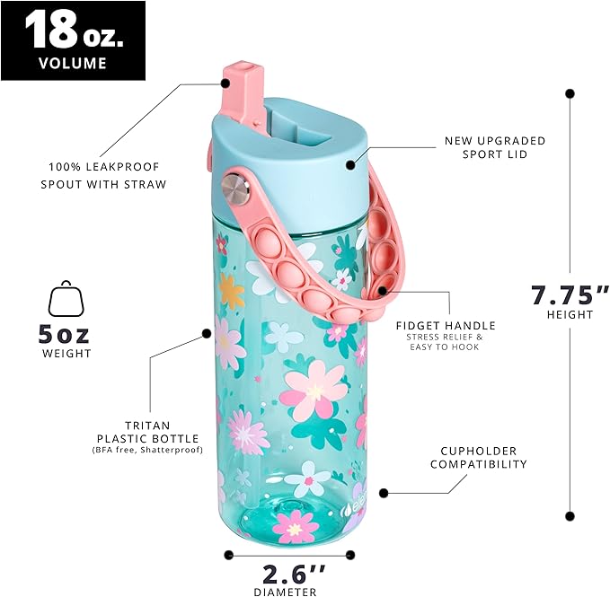 Elemental Water Bottles for Kids - Splash Kids Water Bottle for School with Pop-it Handle - BPA Free Tritan Plastic Water Bottle with Straw Leak Proof when Spout is Closed Spring Blossom Green-18oz