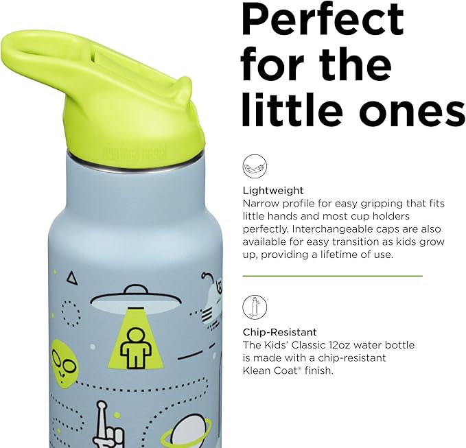 Klean Kanteen 12 oz Classic Kid's Insulated Water Bottle with Flip Seal Sport Cap - 100% Leakproof Cap - BPA-Free - Stainless Steel Material - Launch Plan