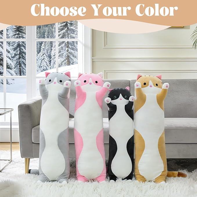 Cute Cat Plush Long Body Pillow – Soft Cartoon Stuffed Animal Doll, Kawaii Cat Plushie Cuddle Toy for Kids, Girls & Girlfriend (Black, 35.4 Inch)