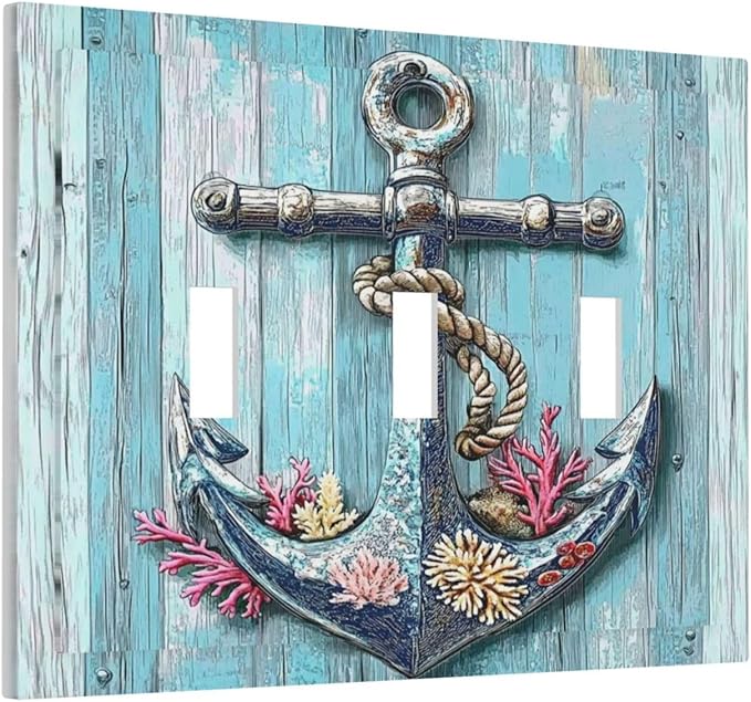 Decorative Switch Plates Anchor Coastal Beach Nautical Coral 3 Gang Wall Plate Triple Toggle Light Switch Cover Faceplate Electrical Wall Panels For Farmhouse Cabin Decor