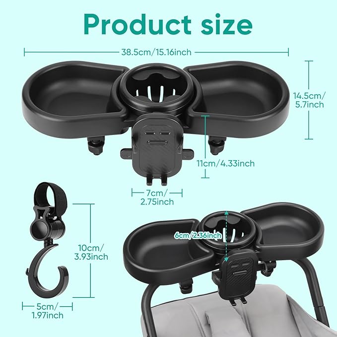 Universal Stroller Snack Tray, 4 in 1 Stroller Tray Attachment with Cups Phone Holder for Baby Toddler Stroller, 360° Rotation Universal Stroller Tray Compatible with Uppababy, Baby Jogger, etc