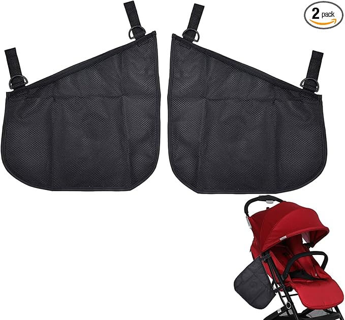 2 Pack Side Sling Cargo Stroller Net, Universal Stroller Organizer Bag, Non-Slip and Adjustable Straps Storage Mesh Cargo Net for Stroller Storage (Black)
