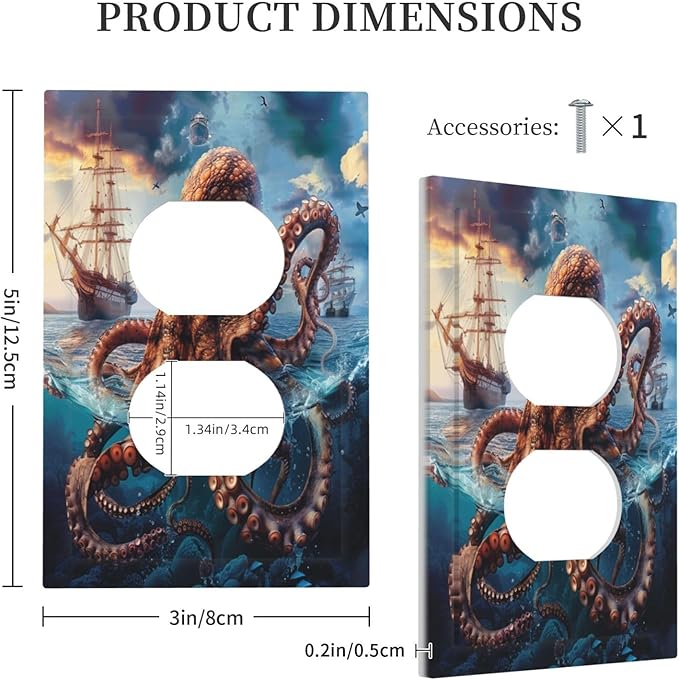 Decorative Outlet Covers Deep Ocean Octopus Sailboat Sea Monster 1 Gang Duplex Light Switch Cover Plate Electrical Switch plates WallPlates Socket Covers for Bathroom Bedroom Decor
