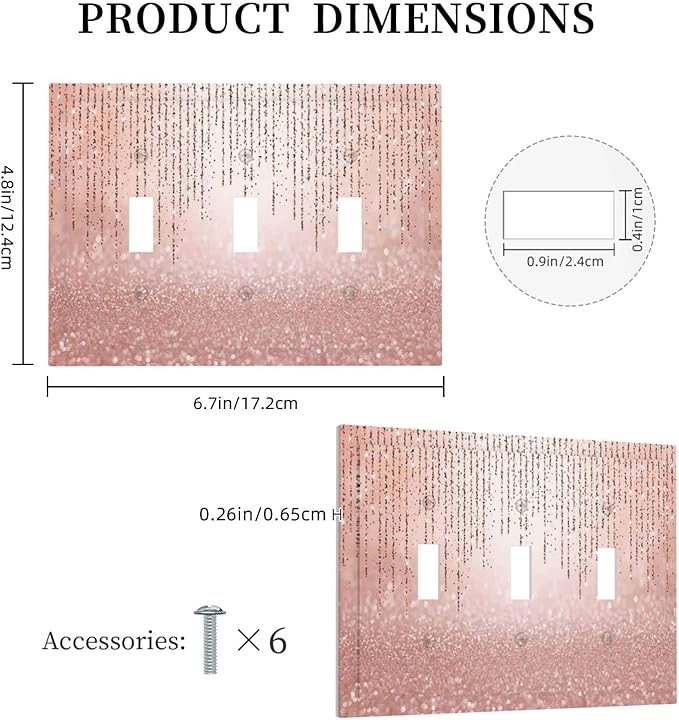 Pink Glittery Bling 3 Gang Triple Toggle Light Switch Wall Plate Cover Decorative Electrical Faceplate for Rustic Barn Door Home Living Room Decorate 6.7" x 4.8
